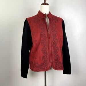Coldwater Creek Faux Suede Sweater Jacket Ribbed Sleeves Beaded Full Zip Red L